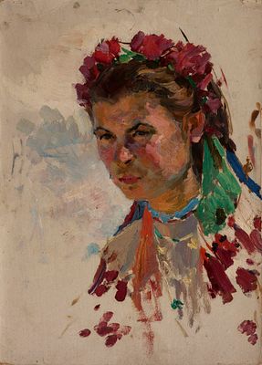 Павлов Валерий Васильевич "Портрет девушки с венком на голове" 1959 г., 48х34 см, картон, масло.