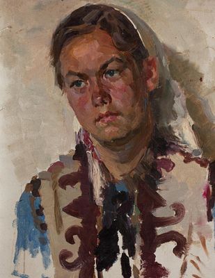 Павлов Валерий Васильевич "Портрет женщины" 1957 г., 40х32 см, картон, масло. Родился в 1934 г. 