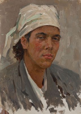 Павлов Валерий Васильевич "Портрет женщины в белой косынке" 1956 г., 35х25 см, картон, масло.