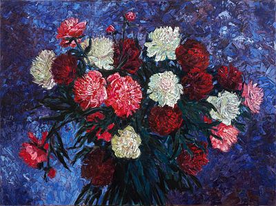 Совков Сергей. Пионы на синем фоне, 2009г., 75х100см., х\м. Заслуженный художник Европы. В 1997 