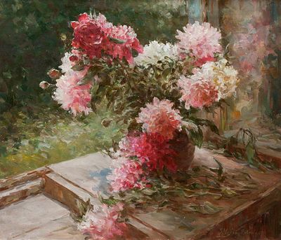 Михайличенко Сергей, Лауреат Золотой медали МФКД, 
&laquo;Пионы на подоконнике&raquo; 60x70 см, 2011 г. 