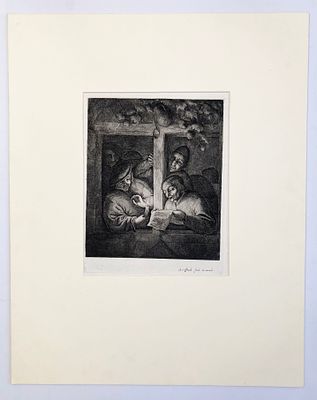 Старинная гравюра "The singers at the window", автор Adriaen van Ostade (1610-1685). Голландия. 