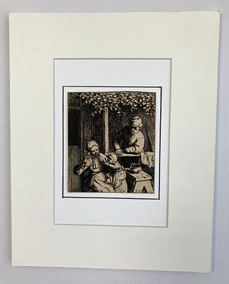 Старинная гравюра "Желанная кукла", автор Adriaen van Ostade (Голландия, 1610-1685). Размеры: 