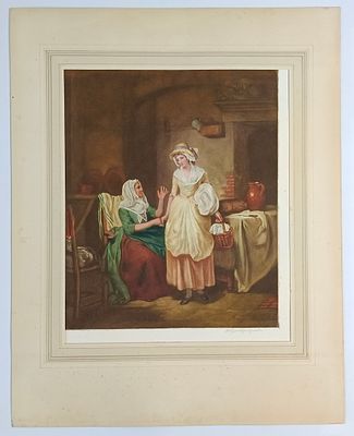 Cтаринная цветная гравюра в технике меццо-тинто. Название "Maidenhood", гравер Henry Scott 