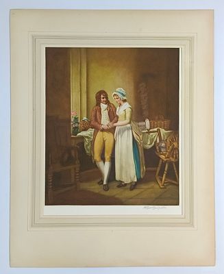 Cтаринная цветная гравюра в технике меццо-тинто. Название "Courship", гравер Henry Scott 