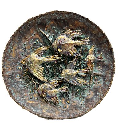 Имедашвили Малхаз. Большое художественное блюдо-панно "Рыбы", Диаметр 49 см. Горячая техника 