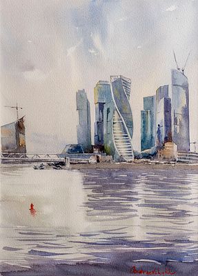 Андреевских Анна, "Москва Сити", 2015 г., 36х26 см, бумага, акварель, рама, паспарту. Художниц 