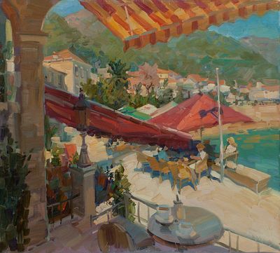 Анфиногенов Михаил, "Петровац. Набережная", 2010 г., 50х55 см, холст, масло. . Михаил Николаевич 