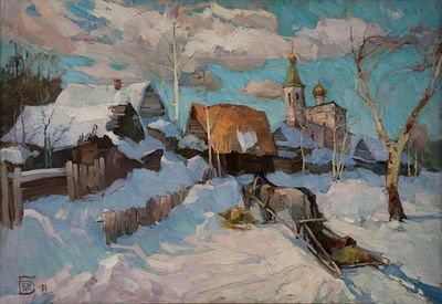 Баев Борис, "Зимний двор", 2001 г., 50х70 см., холст, масло. В раме. Борис Петрович Баев (1939 