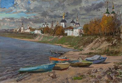 Базанов Иван Егорович, "На берегу Сухоны", 2004 г., 44х64 см, холст, масло. В раме. Иван 