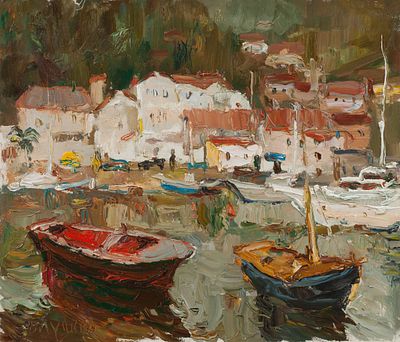 Блуднов Павел Борисович (1945-2012 гг.), "Пейзаж с красной лодкой", 2011 г., 60х70 см., холст 