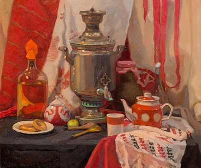 Бурцева Мария, "Сказка о самоваре", 2011 г., 43х51 см., картон, масло. Родилась в 1989 г. в 