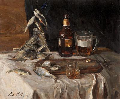 Лобов Антон "Рыбка к пиву", 2010 г., 50x60 см, холст, масло.
. Антон Викторович Лобов - 
