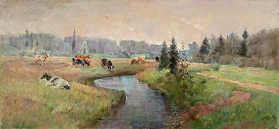 Сочнев Юрий Михайлович, Заслуженный художник Европы, "Река Воря. Абрамцево" 2015 г., 42,5х90 см 