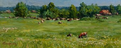 Вилков Андрей "На лугу. Полдень" 2008 г. 35х85 см, холст, масло. Оформлена в раму. Андрей 