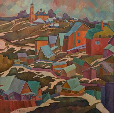 Владимирова-Лаврова Анна "Последний снег" 2005 г. 75х75 см, холст, масло. Оформлена в раму. Анна 