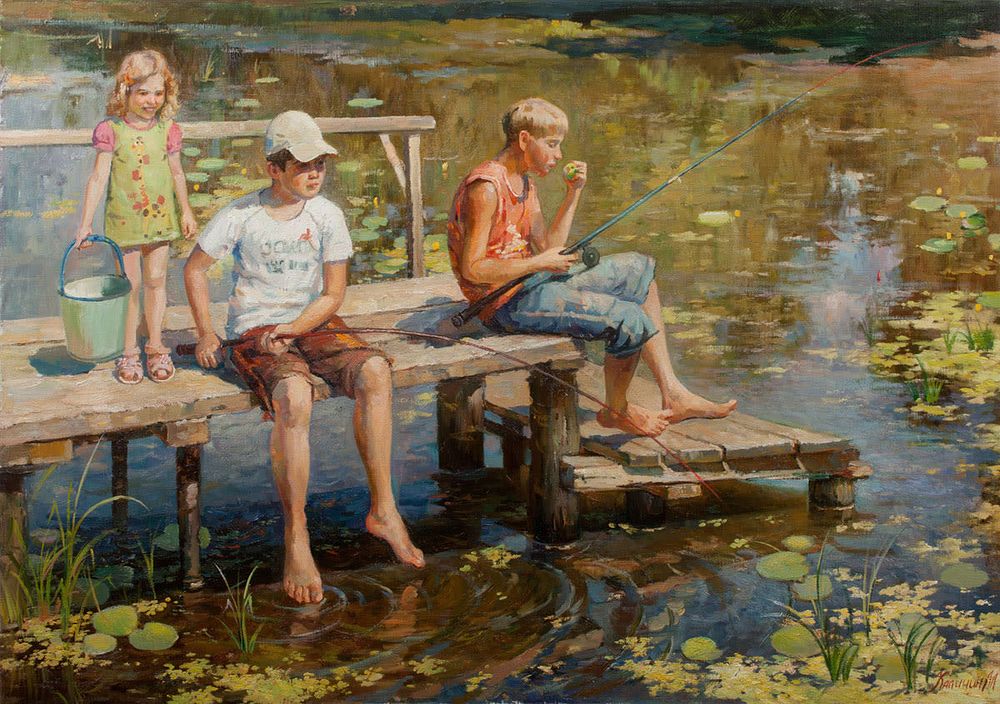 [Большой формат] Калинин Михаил Алексеевич "На рыбалке" 100х140 см 2011 г. Холст, масло. Родился 