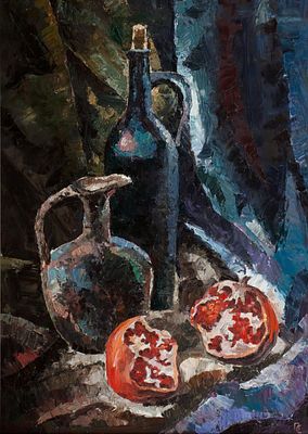 Семячкин Павел "Натюрморт с гранатом", 2007 г., 70х50 см, холст, масло. Семячкин Павел 
