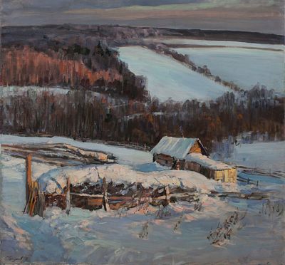 Базанов Иван Егорович "Зимний приют" 75x80 см, 2002 г. Холст, масло. Иван Базанов родился в 