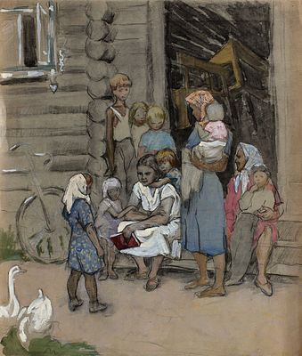 Пискарева Анна Николаевна (1934-1988), "Около сельской школы" 58х48 см, 1958 г. Бумага, акварель. 