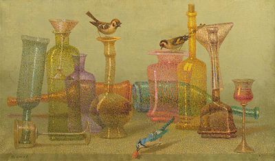 [Большой формат] Джураев Нигмат &laquo;Натюрморт. Птицы и кувшины&raquo;, 58x95 см. Холст, масло. Джураев 