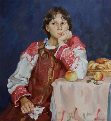 Давлашян Алла "В мечтах" 2009 г. 75х70 см, холст, масло. Лауреат Золотого знака и Почетного 