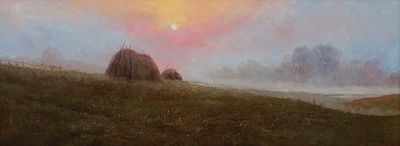 [Большой формат] Гололобов Евгений "Туманное утро. Стога" 2007 г. 47х125 см. Оформлена в 