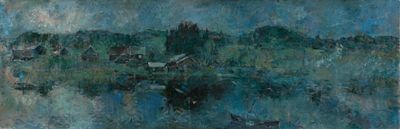 [Большой формат] Голубов Владимир (1952-2025) "Голубая ночь" 1997 г. 52х157 см, холст, масло. Вл 