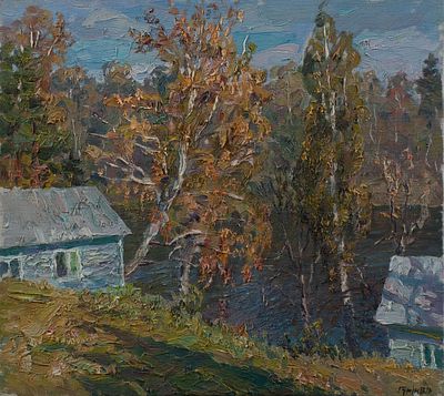 Гурин Владимир, Лауреат Золотого знака МФКД, "Домики у реки" 2006 г. 40х45 см, холст, масло. Вла 