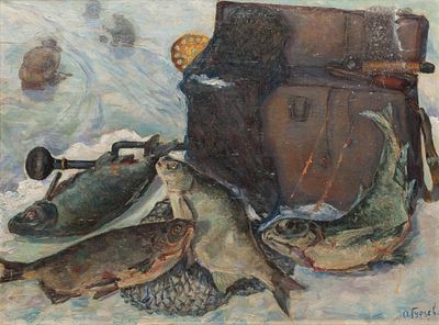 Гурьева О. "Зимняя рыбалка" 1960-е гг., 60х80 см, холст масло. Оформлена в красивую раму.