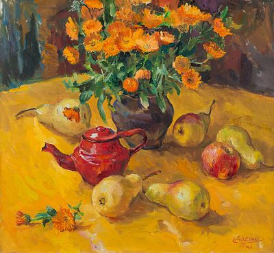 Диденко Татьяна "Натюрморт с чайником" 2014 г. 55х60 см, холст, масло. Татьяна Ивановна Диденко 