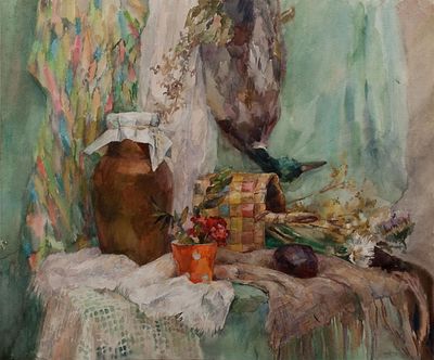 Дубникова Елена "Натюрморт с крынкой молока" 1995 г. 50х60 см, бумага, акварель. Елена 