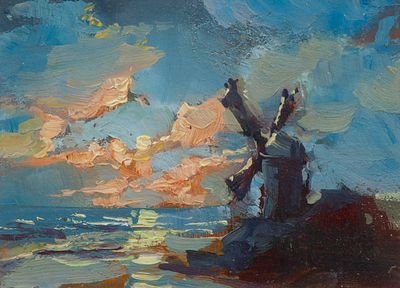 Ермаков Сергей "Ветряная мельница" 11х14 см, картон, масло. Оформлена в паспарту и раму под стеклом.