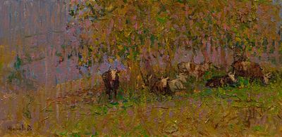 Жаров Дмитрий "Серебристый день. Буренки" 2008 г. 30х60 см, холст, масло. Родился в 1979 г. в 