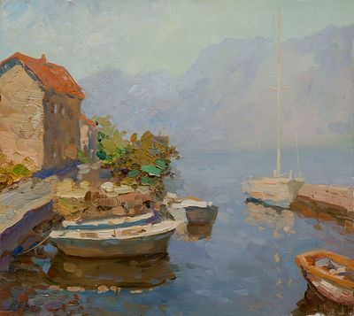 Жигалин-Вишняков Алексей "Тихий вечер в заливе близ Котора" 2010 г. 45х40 см, холст, масло. 