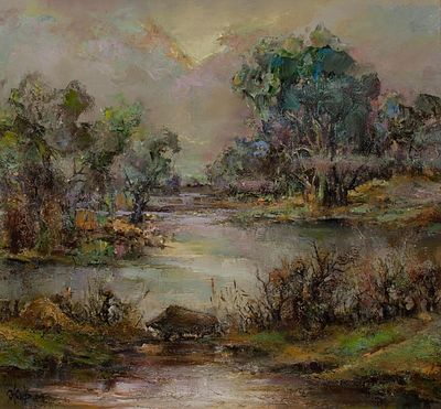 Живогляд Василий "Утро на озёрах" 2004 г. 64х70 см, холст, масло. Оформлена в богато украшенную 