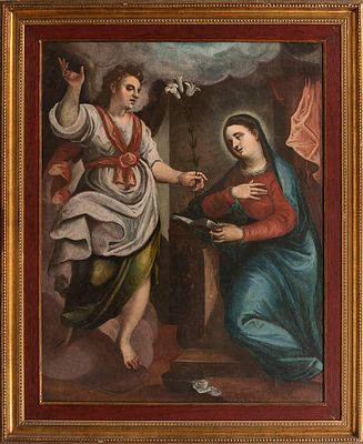 [Большой формат] Неизвестный художник "Благовещение (Мария с Архангелом)&raquo;, 114x90, 17 в. масло 