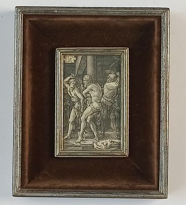 Альбрехт Дюрер, "Бичевание". Старинная гравюра. Размеры 11,5 х 7 см (изображение), 22,8 х 18,5 