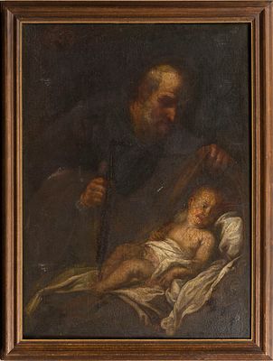 [Большой формат] Неизвестный художник &laquo;Святой Иосиф с младенцем Иисусом&raquo; 112x81, 17-18 вв. 