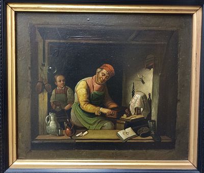 Немецкая школа, 19 век.
Парная картина, интерьерная сцена: в мастерской.
Масло, металлическая 