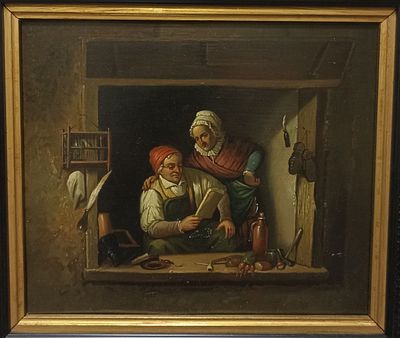 Немецкая школа, 19 век.
Парная картина, интерьерная сцена: в мастерской. 
Масло, металлическая 