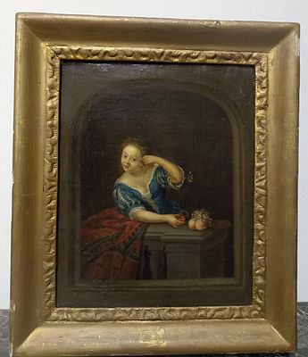 &laquo;Юная Фрау прислушивается к ходу карманных часов&raquo;. 
Немецкая школа 18 века, холст, масло. 
27х22см.