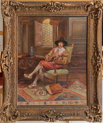 Andreis, de Alex
(Belgian/British 1871-1939). "Seated cavalier with lute". Андрис, де Алекс 