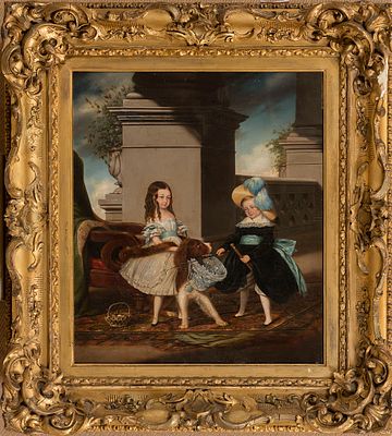 Melville, W. Two victorian children with their pet dog at a country house. 
Мелвилл, В. Двое 