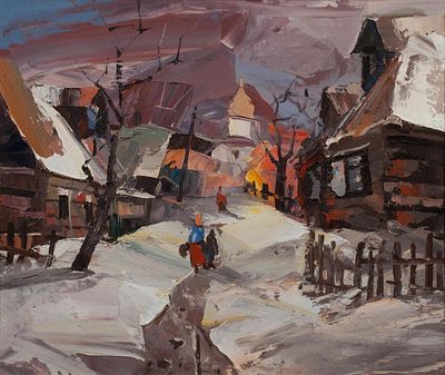 Агеев Иван Иванович "Зима в деревне" 50х60 см, 2008 г. Холст, картон, масло. Заслуженный 