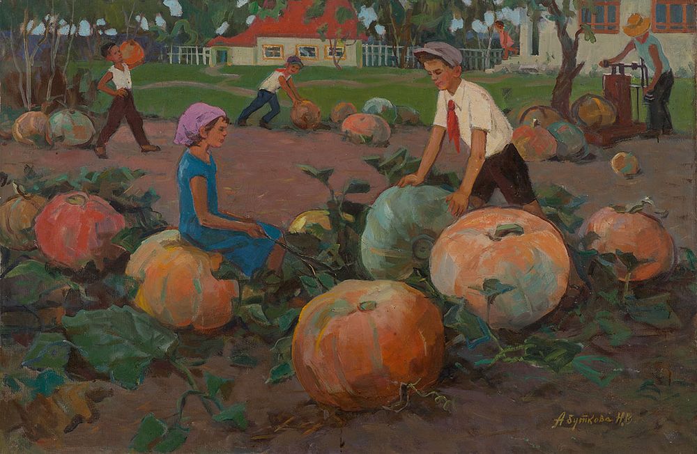 [Большой формат] Соцрелизм. Абуткова Наталья Всеволодовна. Юные натуралисты (сбор тыкв), 1969г. 