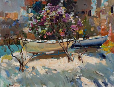 Аксёнов Владимир "Лодки на берегу. Петровац" 35х45 см, 2011 г. Холст, масло. Лауреат Гранта 