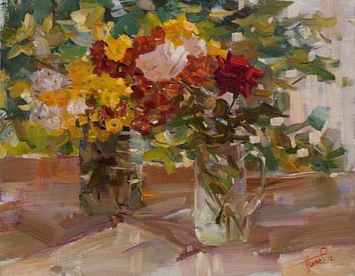 Теняев Олег Анатольевич (1960-2023). &laquo;Цветы. Осень&raquo;, 55x70 см, 2012 г. Холст, масло. Заслуженный 