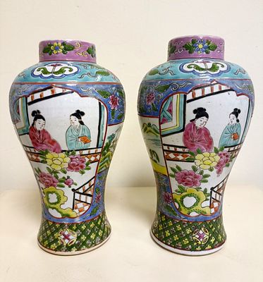 Парные китайские вазы ручной росписи. Сцена тайного разговора двух подруг на балконе пагоды у 
