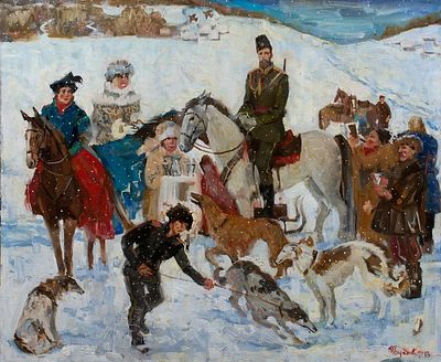 [Большой формат] Баранова Маргарита "Император Николай II на зимней охоте", 2012 г., 90x110 см 